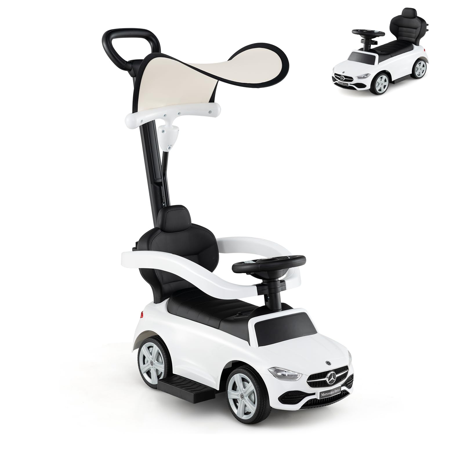 SOARS Macchina Cavalcabile per Bambini con Licenza Mercedes-Benz 3 in 1, Capote Regolabile, Guida Realistica con Volante e Clacson, Capacità di Carico 25 KG, per Bambine e Bambini 1-3 Anni (Bianco)
