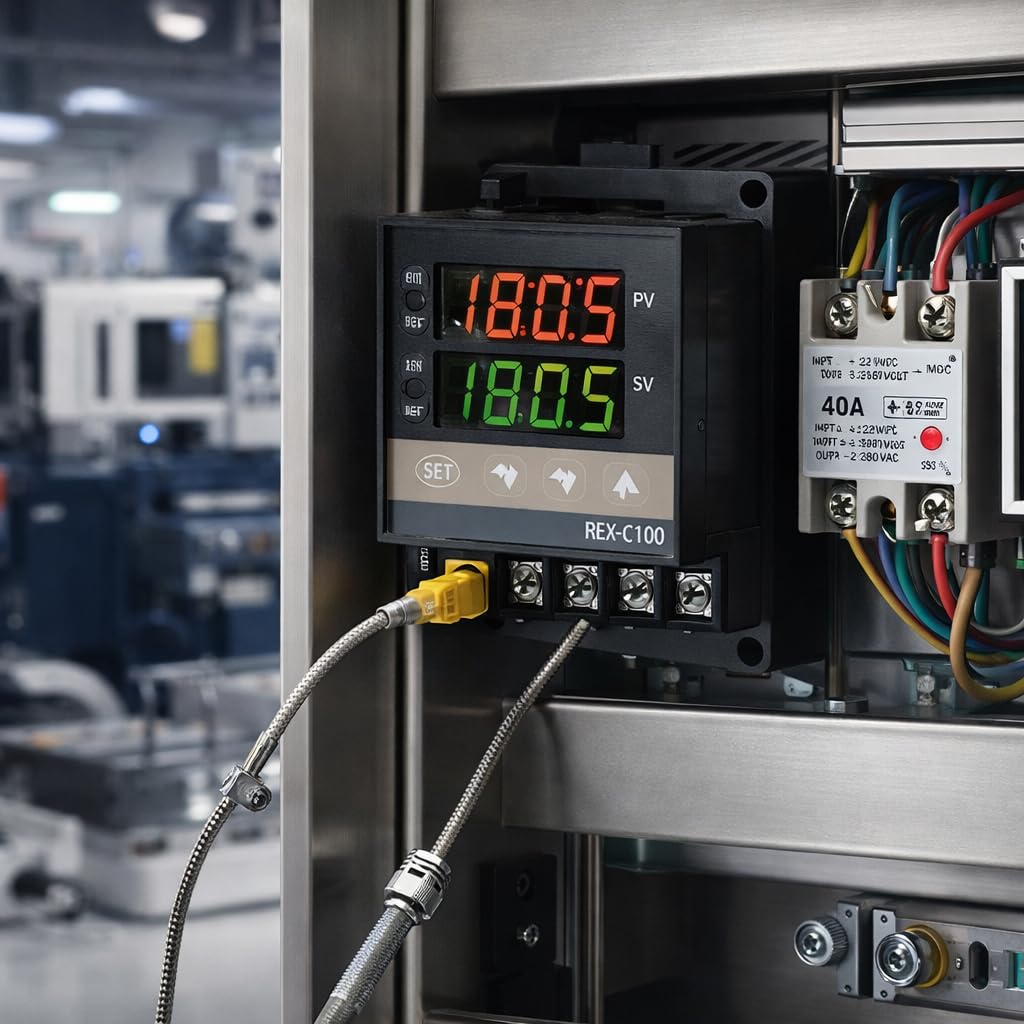 Controlador de temperatura digital, Alarma LED y Control PID Preciso 0-1300℃, Termostato Industrial con Termopar K 1M SSR 40A, for Hornos Industriales, Calderas, Sistemas Calefacción
