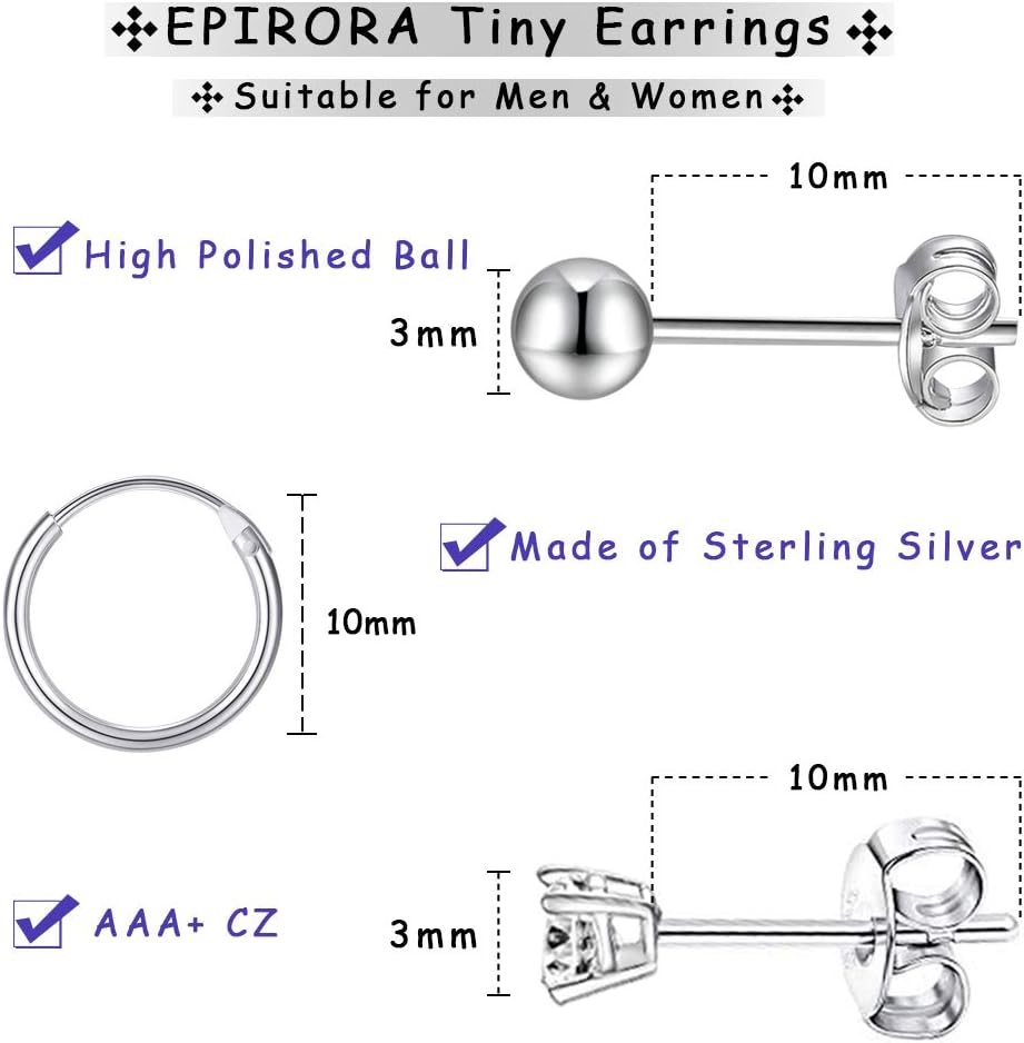 EPIRORA Sterling Silver Stud Earrings Small Cartilage Hoop Earrings for Women Men- 3 Pairs of Hypoallergenic Tiny 3mm Cubic Zirconia Round Ball Earrings & 10mm/12mm Cartilage Earring Hoops - Image 2