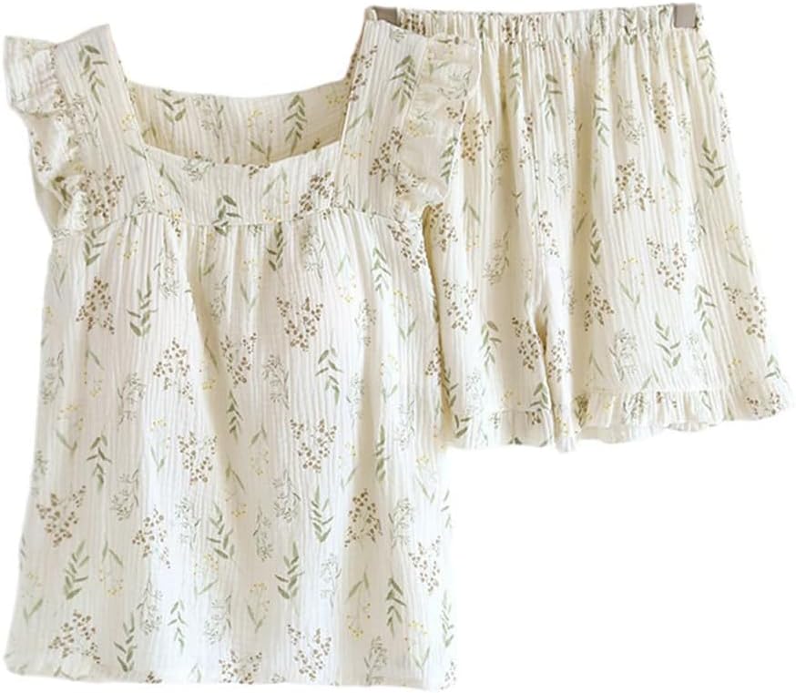 Women's Pajamas, Sleeveless, Ruffle, Top and Bottom Set, Padded, Spring, Summer, Room Wear, 100% Cotton, Double Gauze, Shorts, Adults, Cute, Feminine, Sleeveless, Hospitalization, Postpartum
