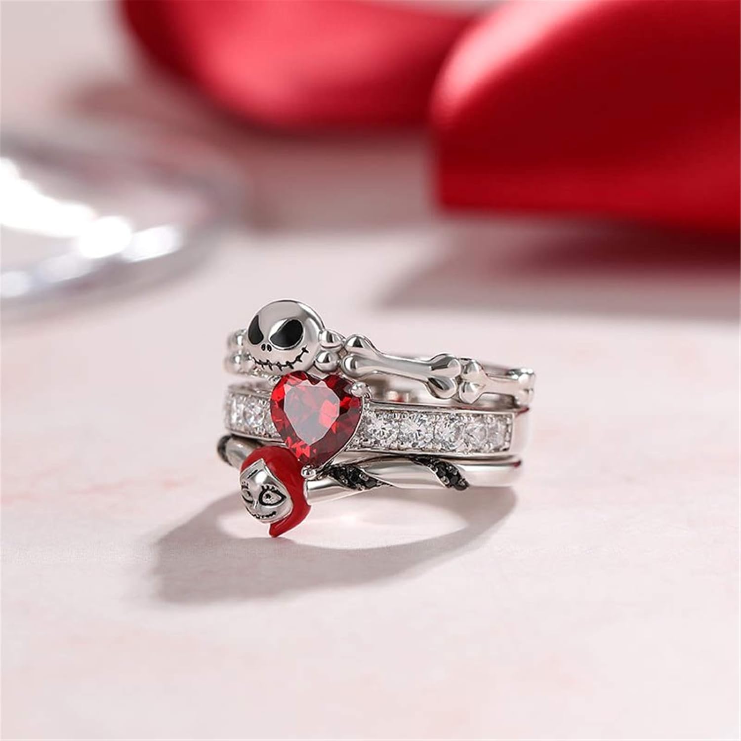 Jeulia "Skull Couple Heart Cut Sterling Silver Enhancer Ring Set for Women Wife Girlfriend Engagement Wedding Anniversary Valentin’s Day Birthday With Jewelry Box - Image 5