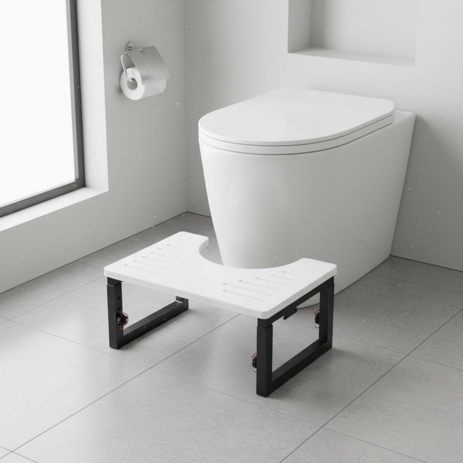 Sgabello Pieghevole per WC Sgabello da Toilette Poggiapiedi per Bagno Pedana Regolabile in Legno E Acciaio Chiusura Rapida Stoccaggio Ordinato Postura, Nero