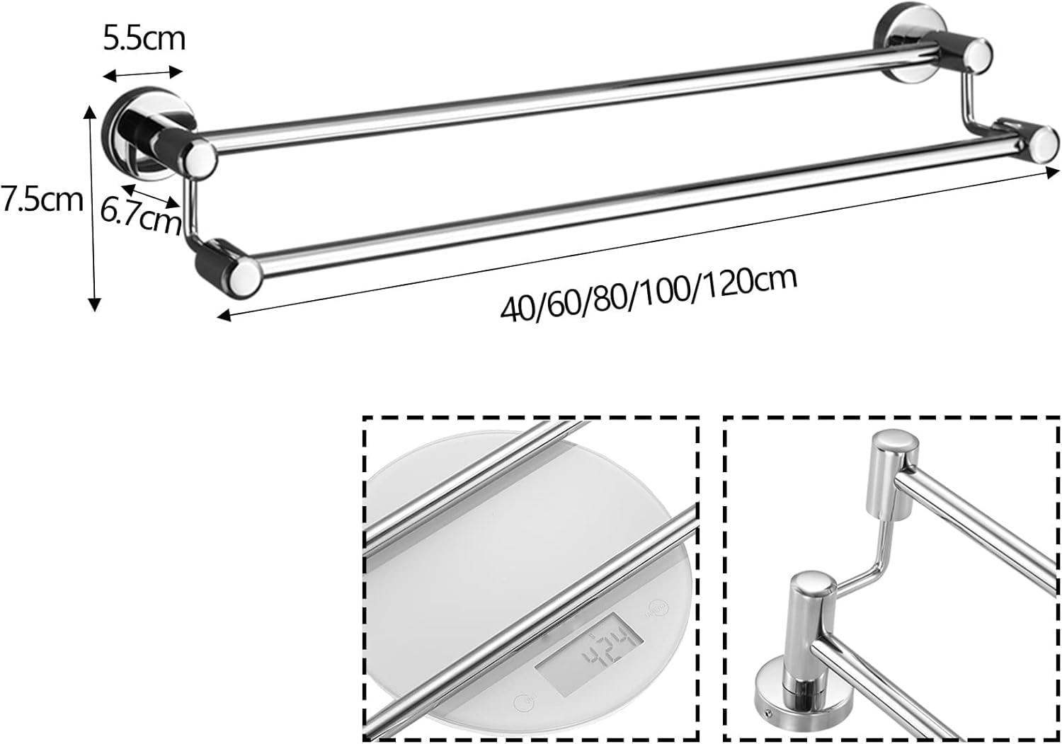Portasciugamani doppio in acciaio inox, 120 cm, montaggio a parete, per bagno e cucina, finitura lucida con viti incluse, design salvaspazio