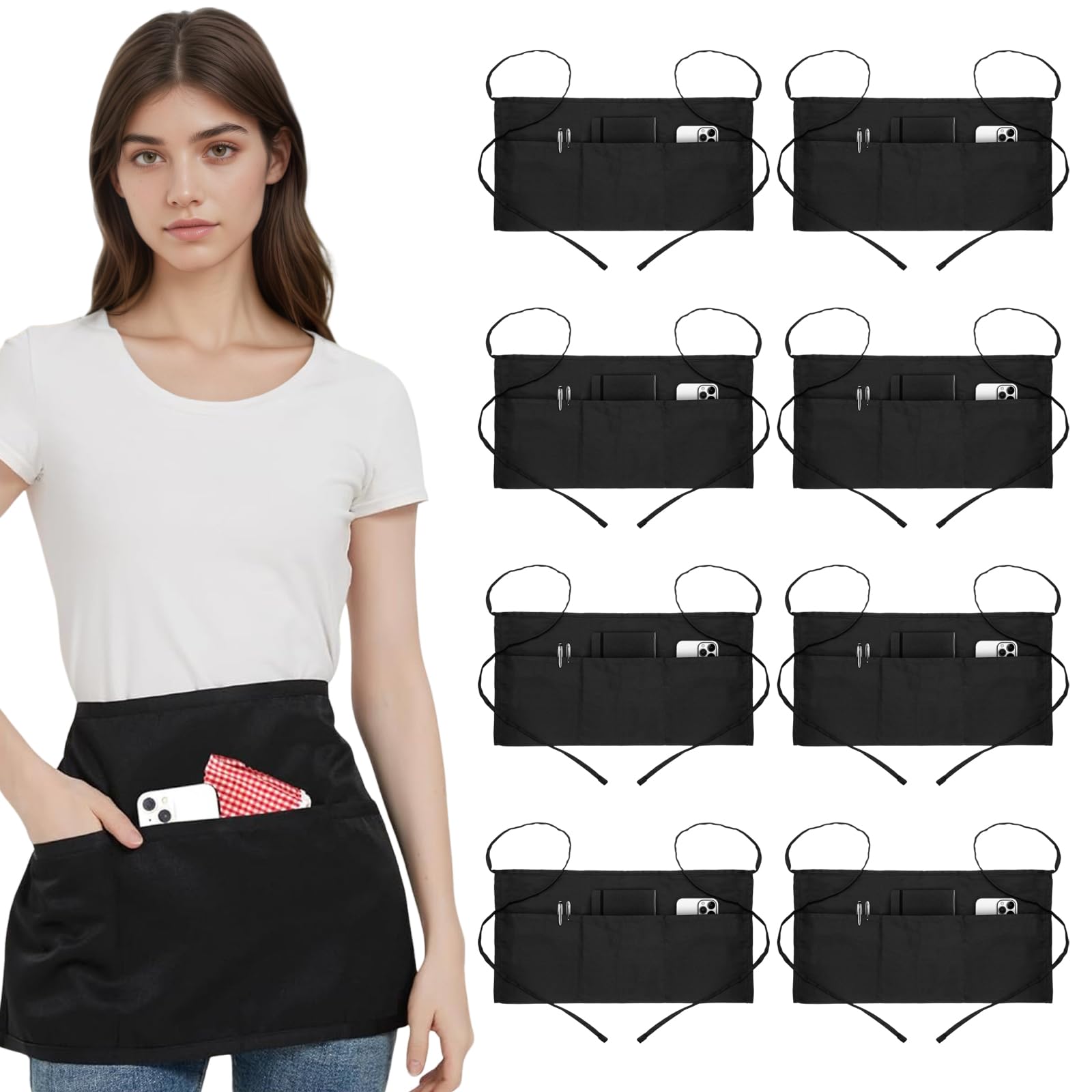 Waist Apron with 3 Pockets, 8 Pack Black Server Aprons, Tabards for Women with Pockets, Water Resistant Cleaning Apron, Long Straps Half Work Aprons for Chef Restaurant Server Work Bar