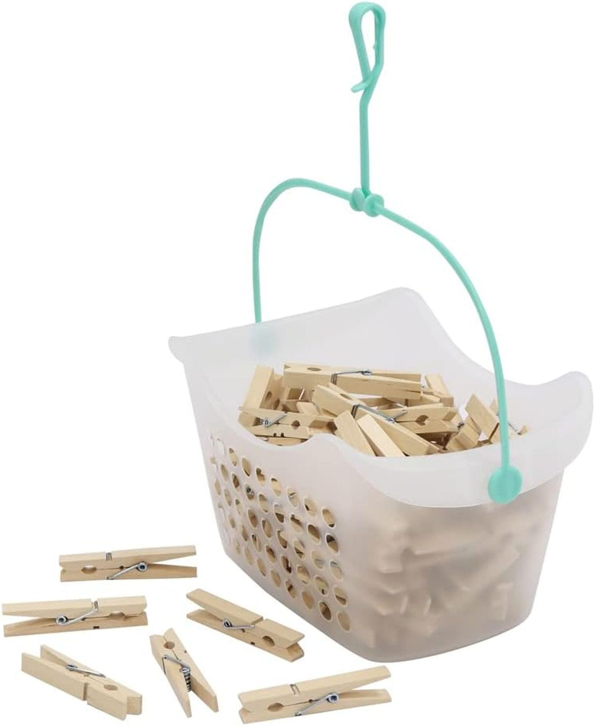 Shop4allsorts Clear Laundry Peg Basket With Pegs 102 Traditional Wooden Laundry Pegs & Peg Sorage Basket With Aqua Handle