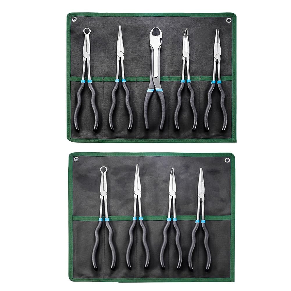 Lot de 5 pinces à bec long avec pointes droites et incurvées 0 45 coudées à 90 degrés en métal avec poignée en caoutchouc antidérapante pour travail de précision, noir, lot de 5