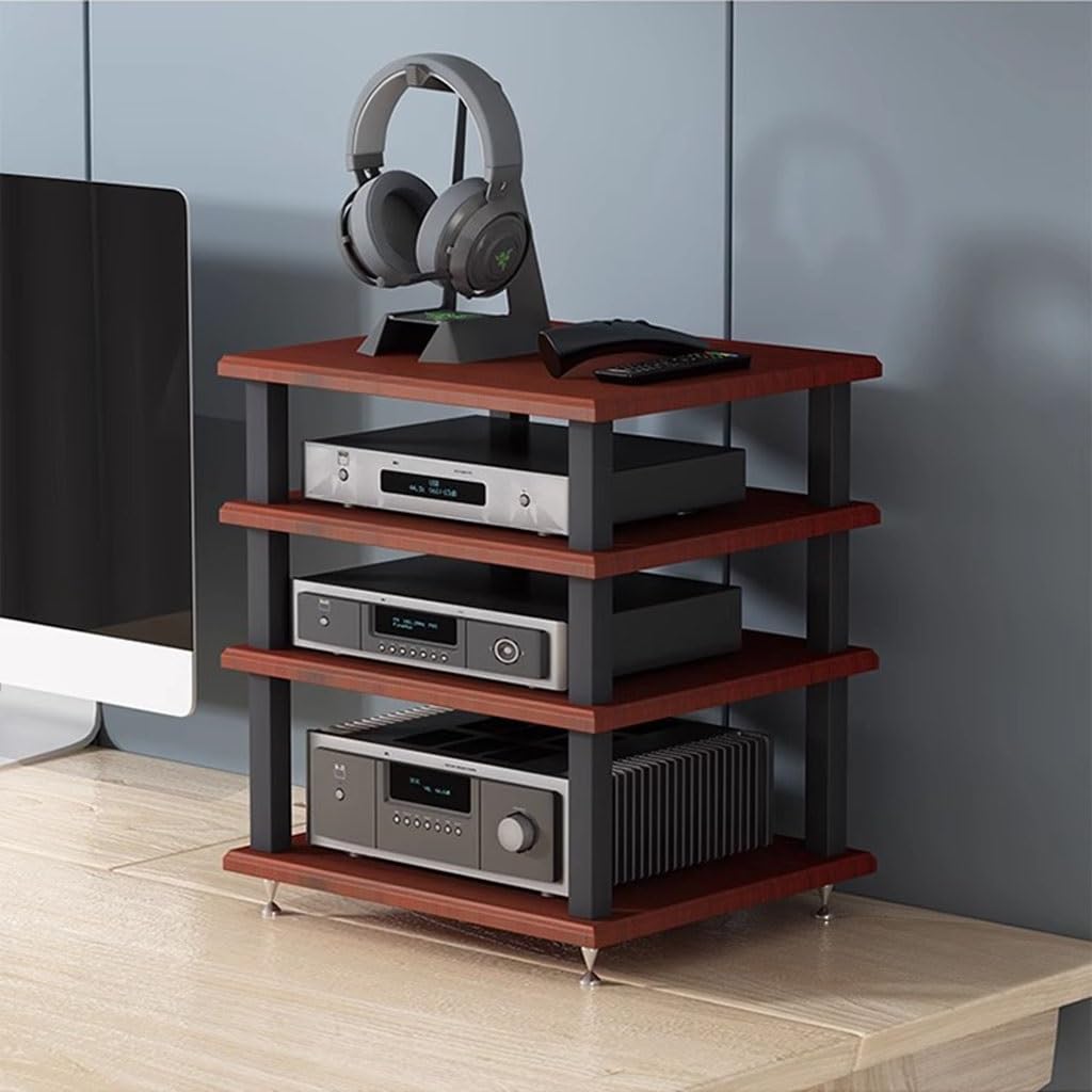 Armadietto audio a 4 ripiani marrone con mensola AV con supporto per giradischi, organizer moderno per sistemi home theater e collezione di dischi in vinile