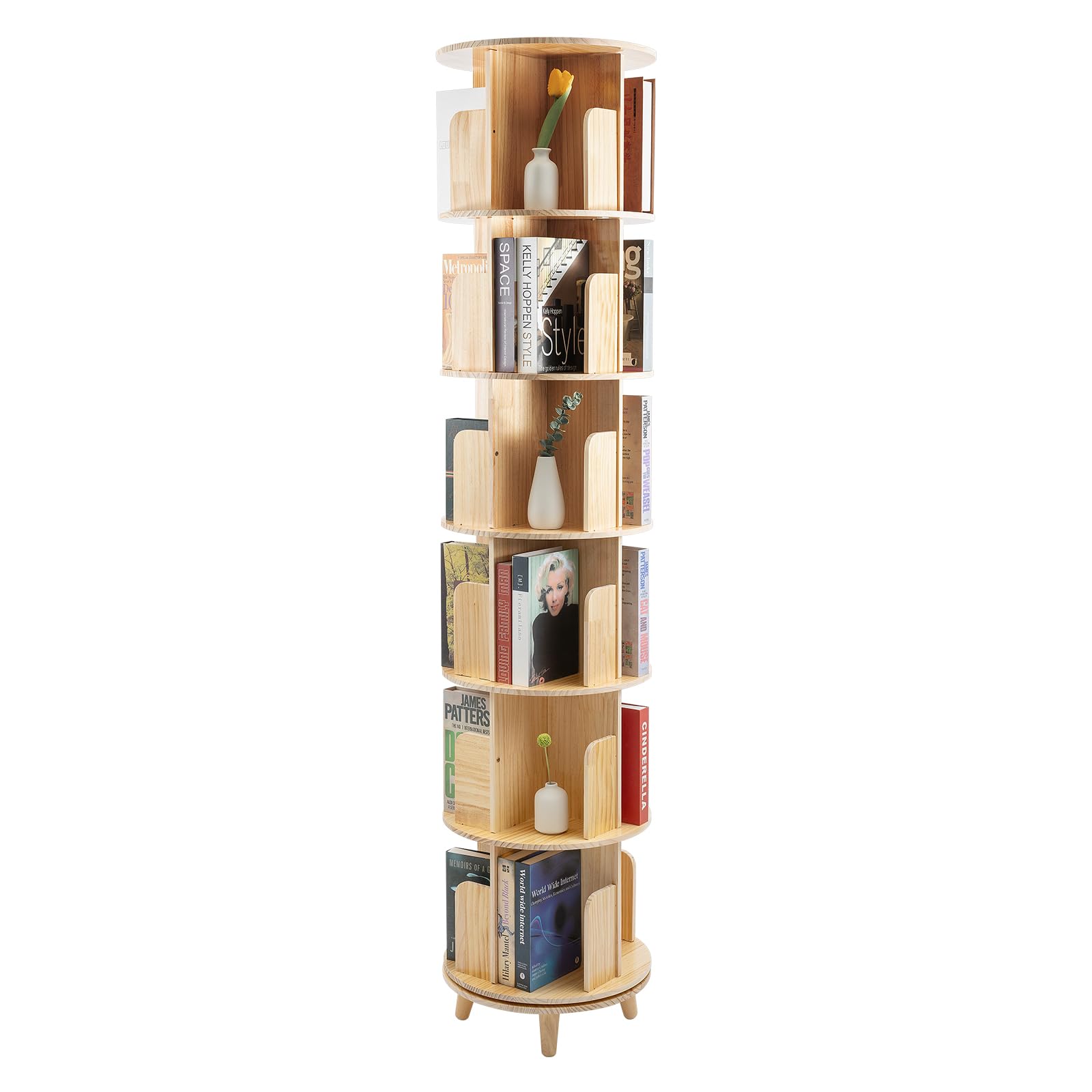 Librería giratoria y estantería de 6 pisos – 360 ° Display Bookshelf | Estantería giratoria | Incluye mantel | Estantería de pie de madera | para libros y objetos de colección