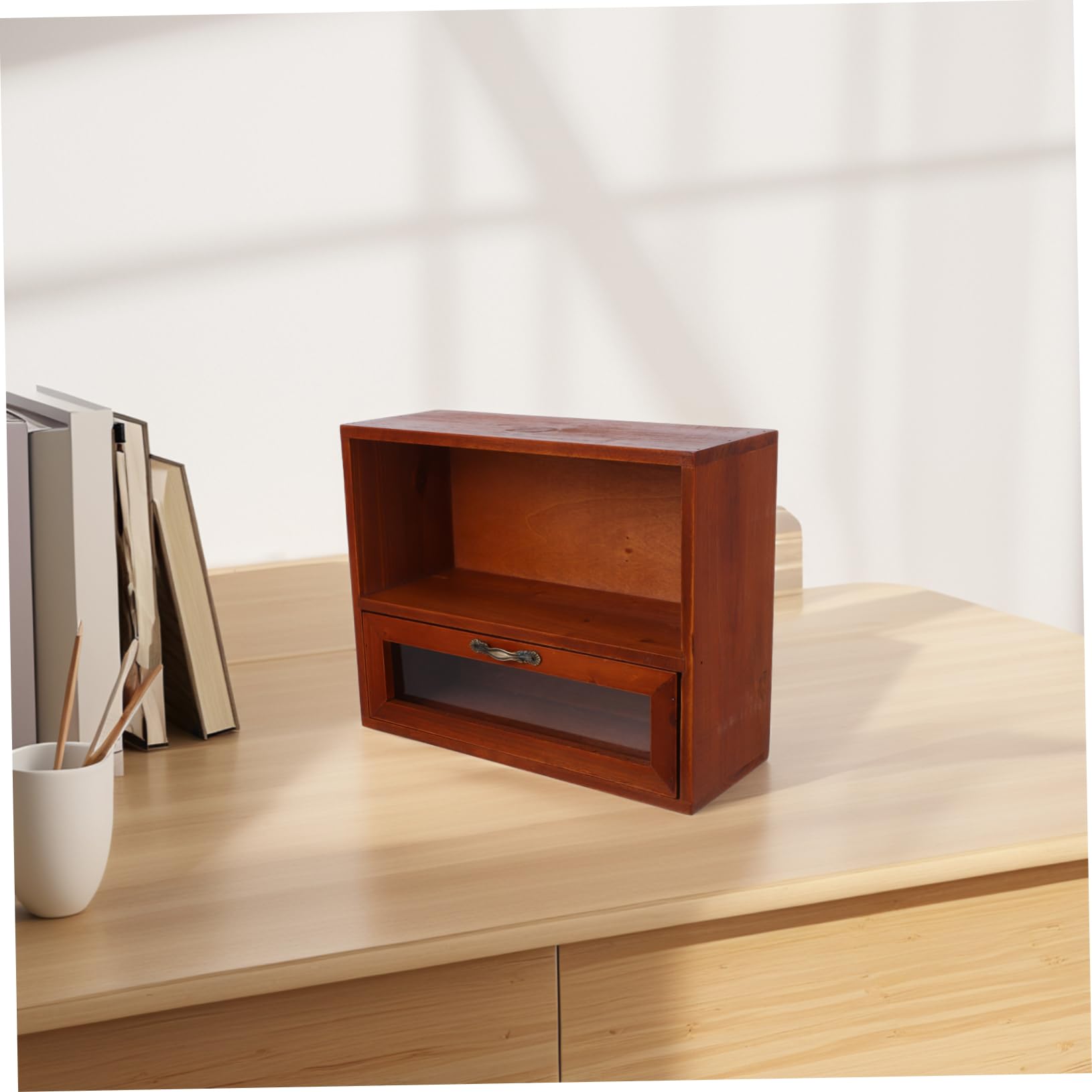 OSALADI Vintage Holz Aufbewahrungsbox mit Schublade Retro Kosmetik Organizer für Küchen und Badezimmerablage Multifunktionaler Kleiner Holzschrank