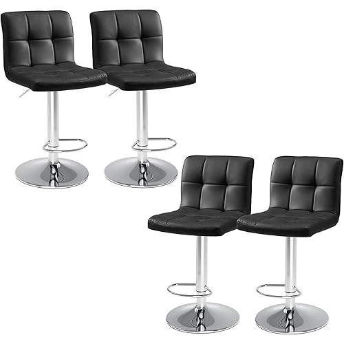 Elevon Bar Stools Set of 4, PU Leather Adjustable Swivel Barstools, Armless Hydraulic Kitchen Counter Height Bar Stools, Thickened Seat Cushion Square Island Barstools with Back