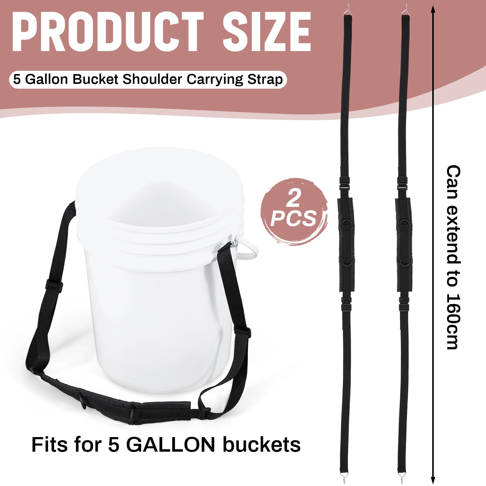 Sonwyoung 2 Pcs 5 Gallon Bucket Shoulder Carrying Strap, Multifunctional Sling Bucket Holder for 5 Gallon Pail Accessories, Length Extension Replacement for Wire Handle