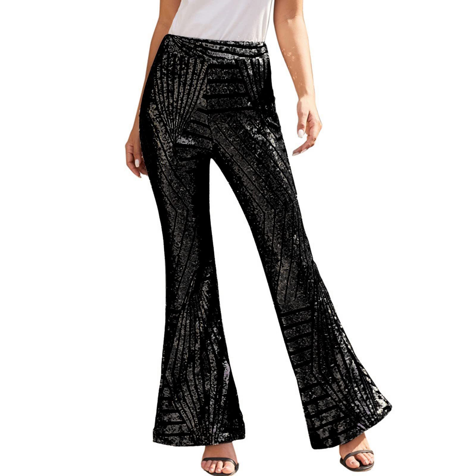 Generico Pantaloni Eleganti Donna Elegante con Paillettes Zampa Casual Pantaloncini Extra Lunghi Pantalone Culotte Streetwear Completo Larghi Elasticizzati Gamba