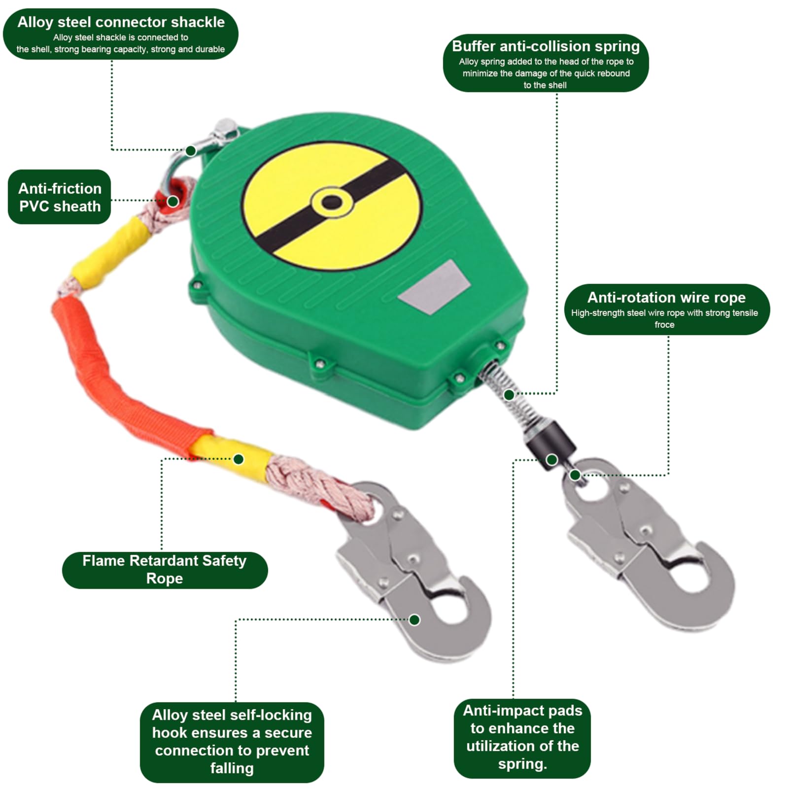 Dispositivo Anticaidas Retráctil Seguridad, 3-20m Linea de Vida Retractil Homologado 150kg, Verde/Amarillo Arnés Seguridad Anticaídas Retráctil Trabajos en Altura/ Tejados(Verde,10 metros)