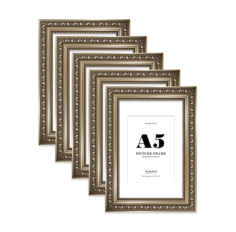 Gunmetal Ornate Picture Frame A5 With A6 Mount for Photos - Wall & Table Display, Landscape or Portrait, 5 Pack