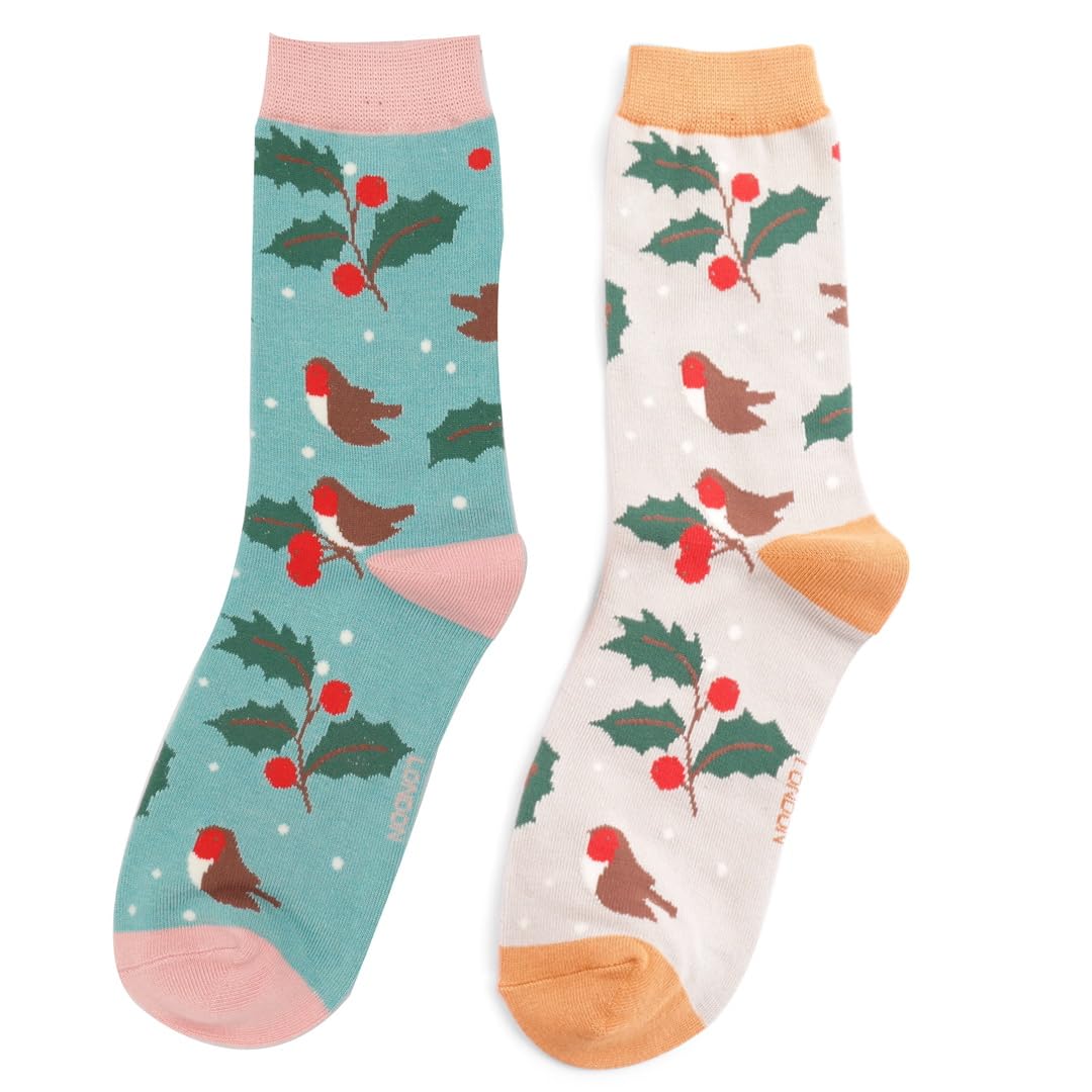 Lilyrosa Women's Grey & Green Lilyrosa® Robin Birds Socks Red Robins Grey Green Bird Girls Bamboo Mix (Two Pairs)