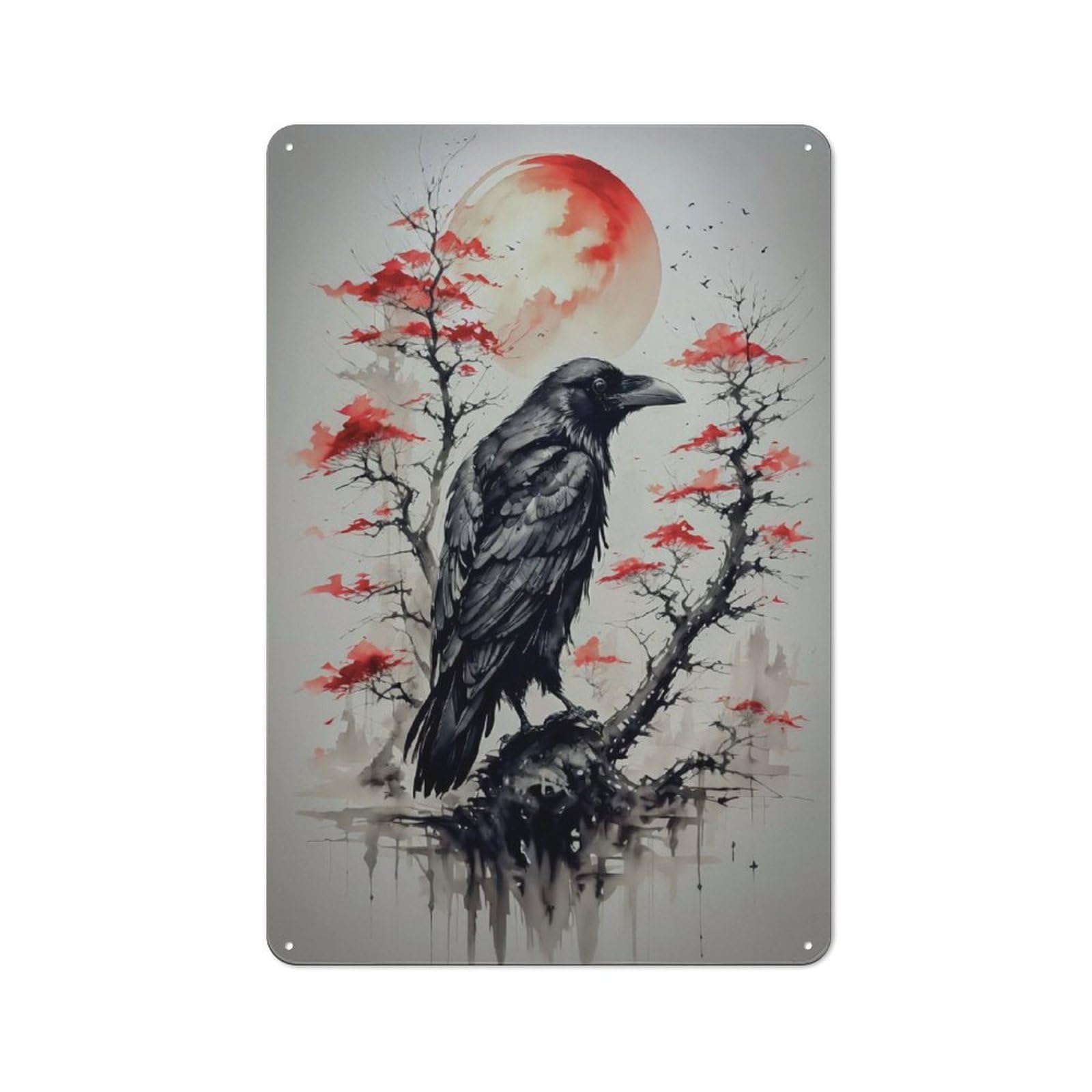Junmoney Red Moon Japan Raven Tin Sign 30X20cm For Workshop Wall, Retro Wall Decor, Suited To Metal Sign Collectors