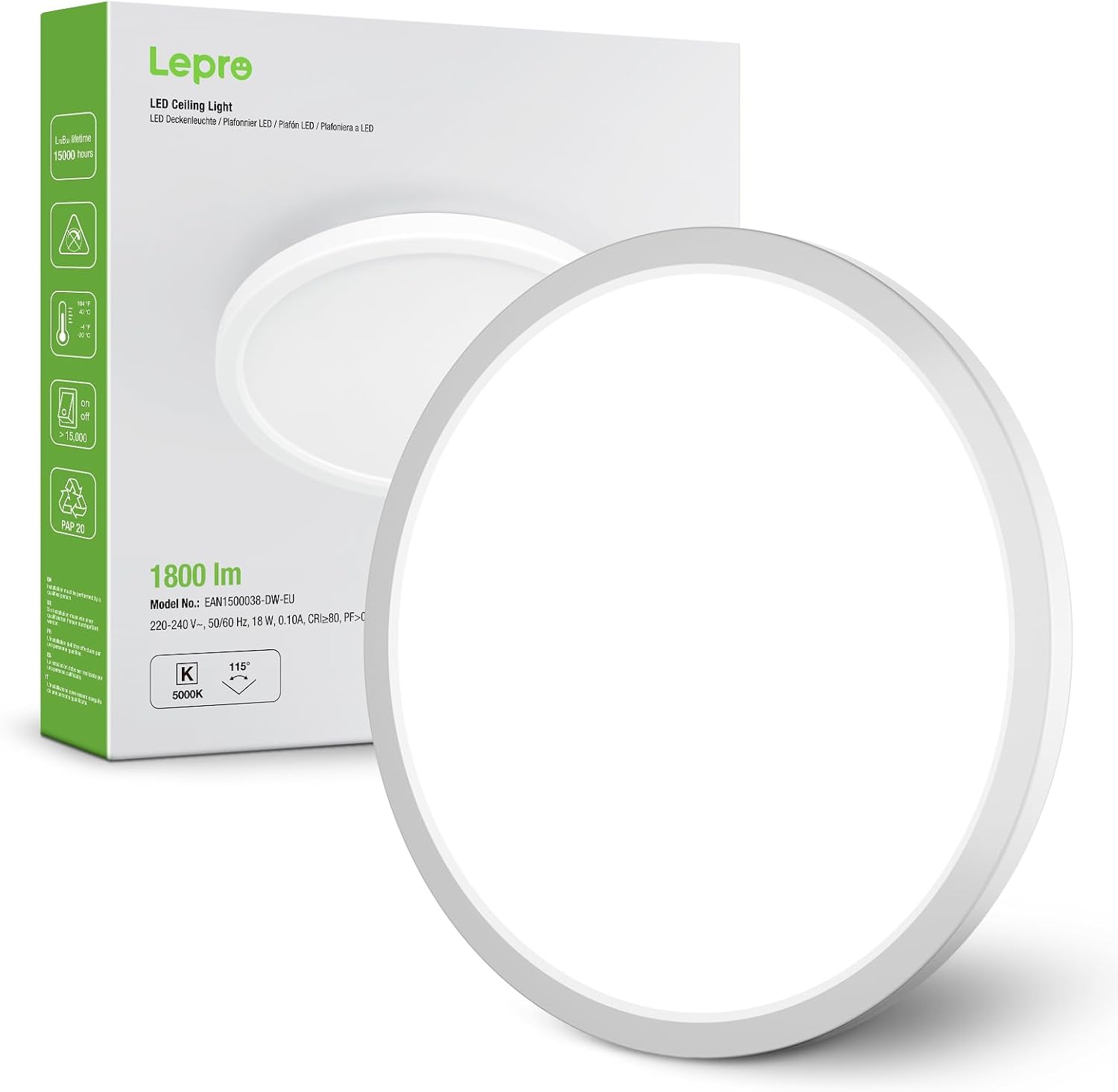 Lepro Plafonnier LED 18W, 5000K 1800LM, Angle 115°, Non Dimmable, IP44-1Pcs