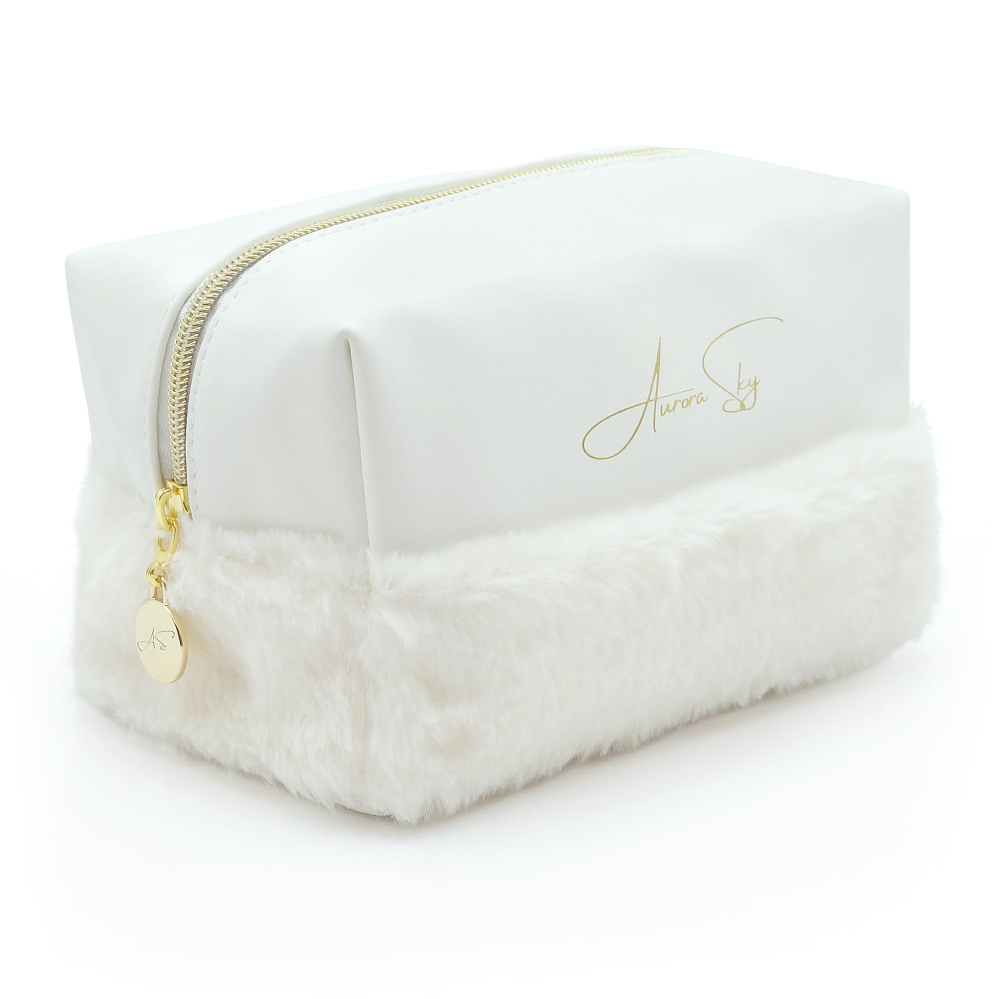 Aurora Sky Fluffy Bottom Makeup Bag Organizer – Portable Toiletry Travel Case – Cute Cosmetic Bag for Woman & Girls – Waterproof Soft Vegan Leather Pouch – Medium Size Storage (White)