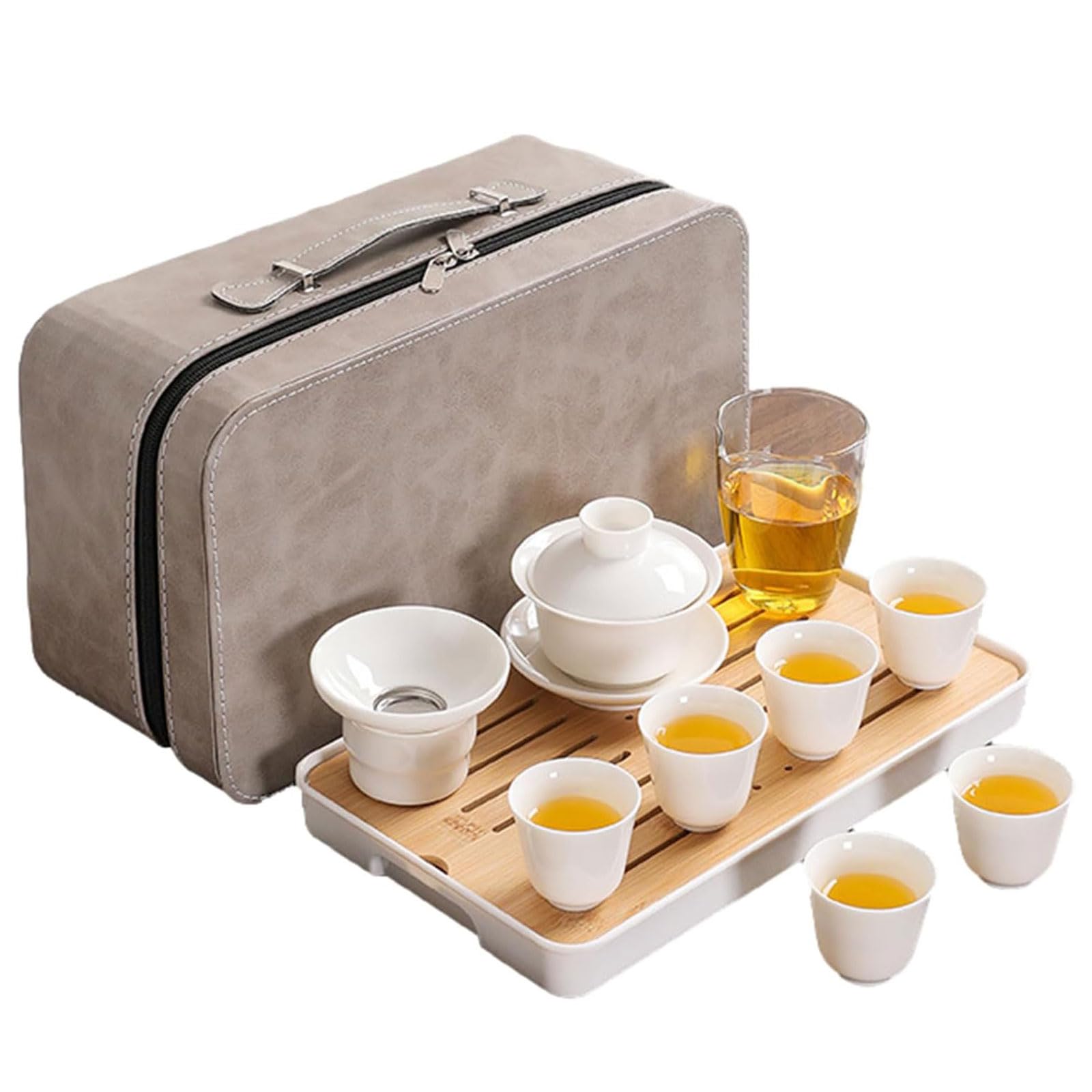 Chinese Gong Fu Tea Set Chinese Gaiwan Tea Set White Jade Travel Tea Set Japanese Tea Set 6 cups Portable Tea Set Home,Traveling(CB)