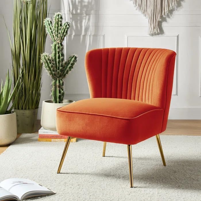 Image of Modern Upholstered Accent Velvet Chair Single Seater Channel Tufted Wing Back Chair with Golden Matel Legs for Living Room, Bedroom, Dining Room, Orange