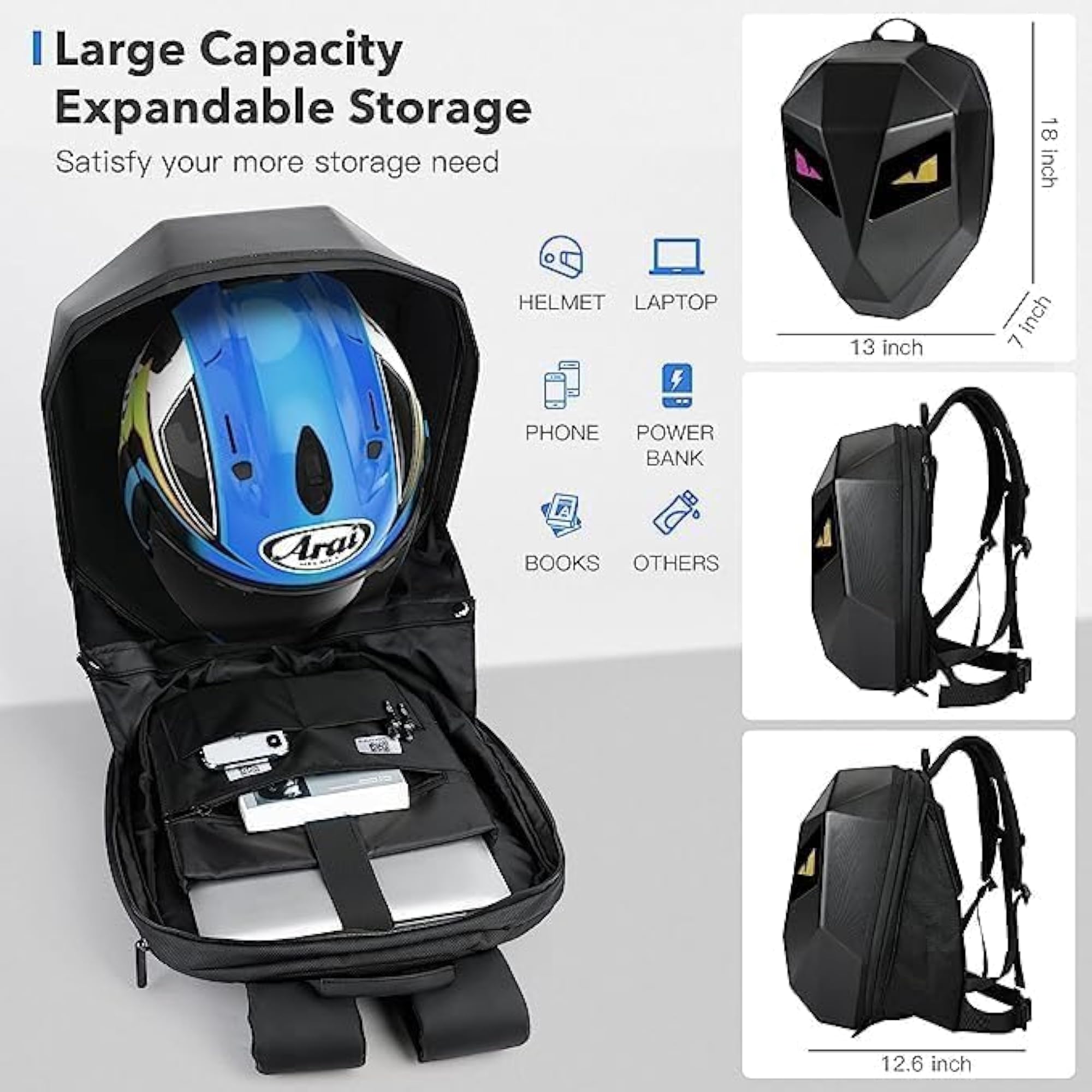 LED Backpack Helmet Bag, Hard Shell Travel Bag