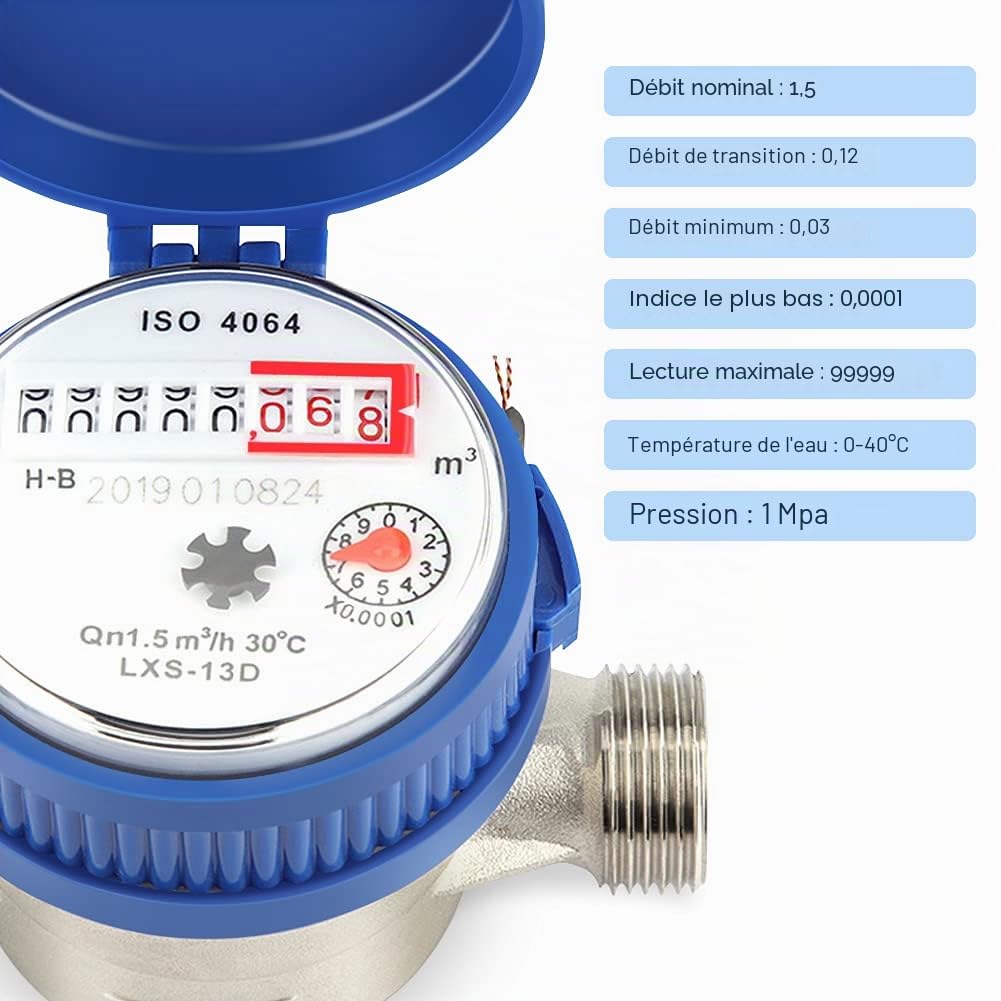 Estink Compteur d'Eau Mécanique pour Maison et Jardin, 1.5m3/h, 15mm, 1/2 Pouce, Température 0-40°C