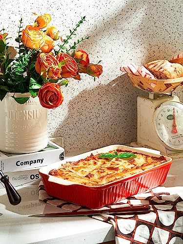 DOWAN 9x13-inch Deep Casserole Baking Dish for Lasagna, 135 oz Ceramic Pan with Handles, Oven Safe for Baking and Home Decor, Red - Thumbnail 5