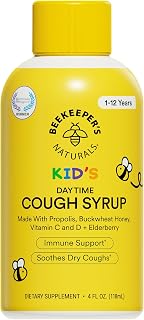 Beekeeper's Naturals Propolis Honey Cough Syrup Daytime for Kids Immune Support with Elderberry, Vitamin C, Vitamin D & Raw Honey - Throat Soothing - Gluten Free & Clean Ingredients, 4 oz.