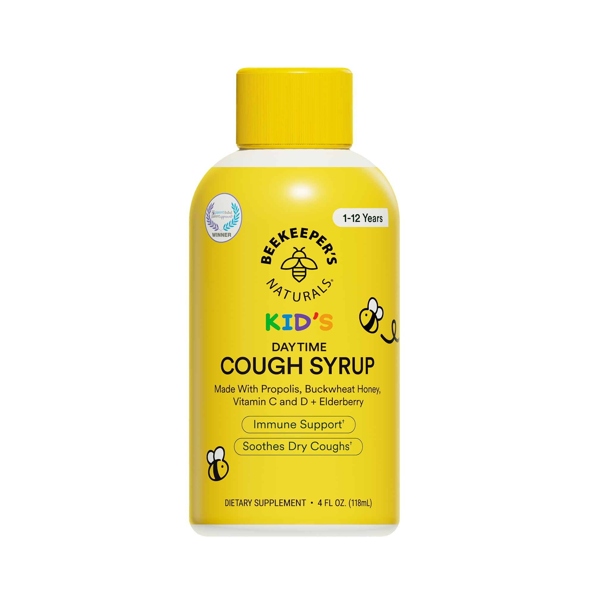 Beekeeper's Naturals Propolis Honey Cough Syrup Daytime for Kids Immune Support with Elderberry, Vitamin C, Vitamin D & Raw Honey - Throat Soothing - Gluten Free & Clean Ingredients, 4 oz.