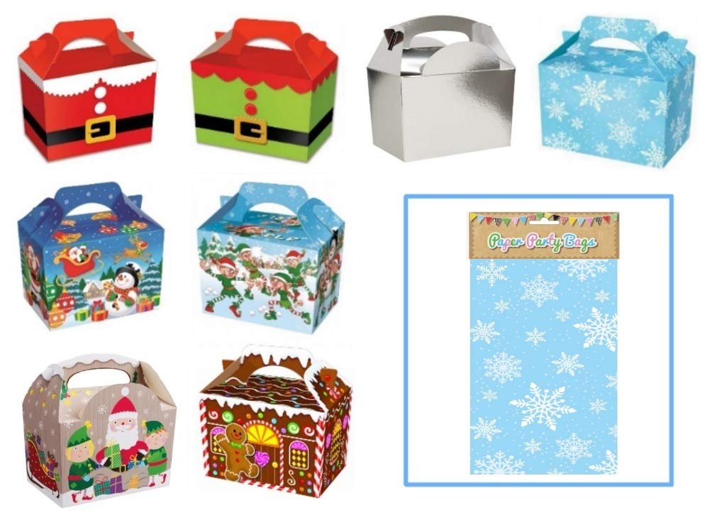 Christmas Table Present Gift Boxes/Party Food Boxes PLUS SNOWFLAKE PICK n MIX BAGS (Mixture, 30 Boxes)