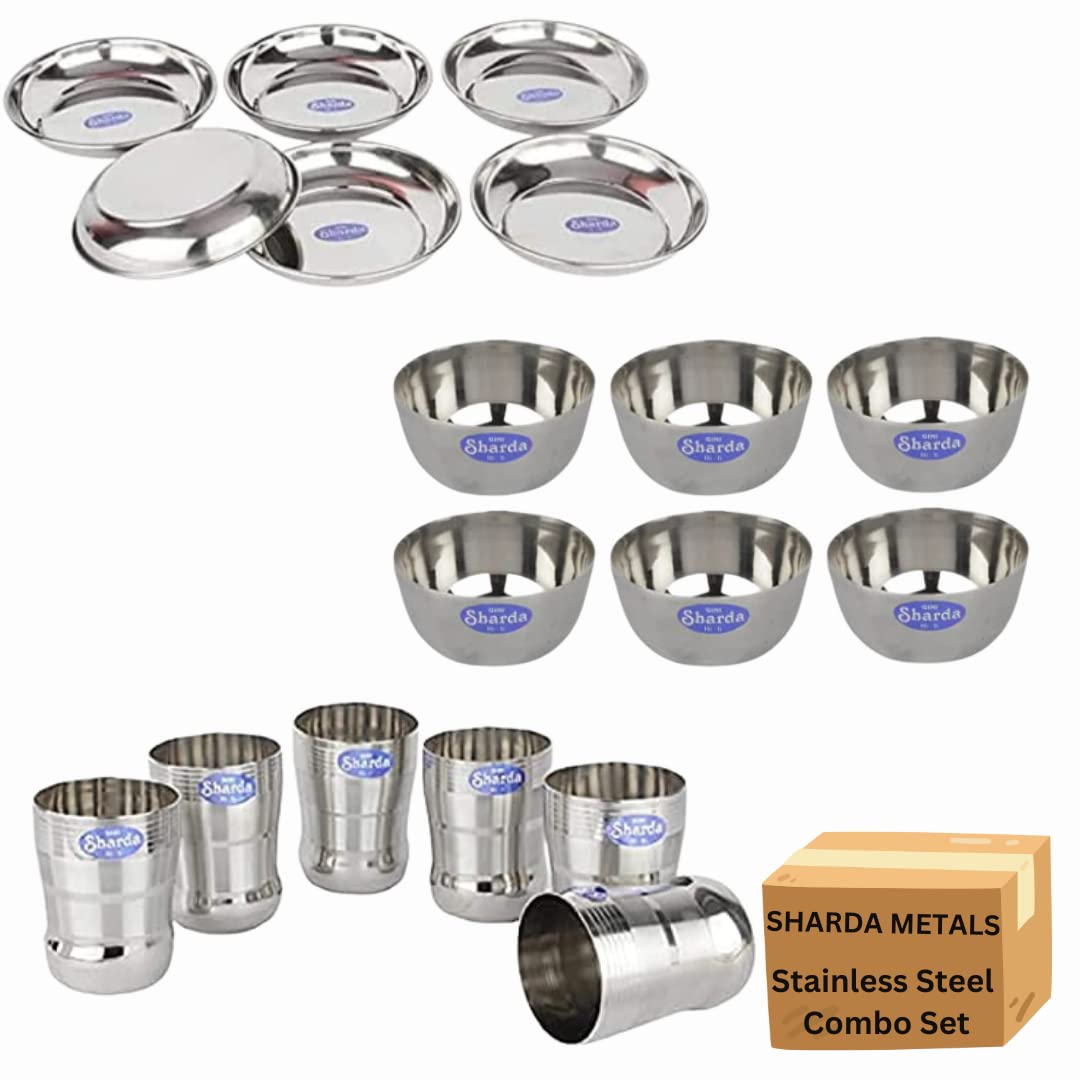 Sharda Metals Set of 6 Bowls 6 Glass & 6 Plates, Stainless Steel | Serving Dessert Curry Soup Bowls Wati Vati Katori |Steel Glasses | Small Rice Side Dishes | Kitchen & Dining,Solid
