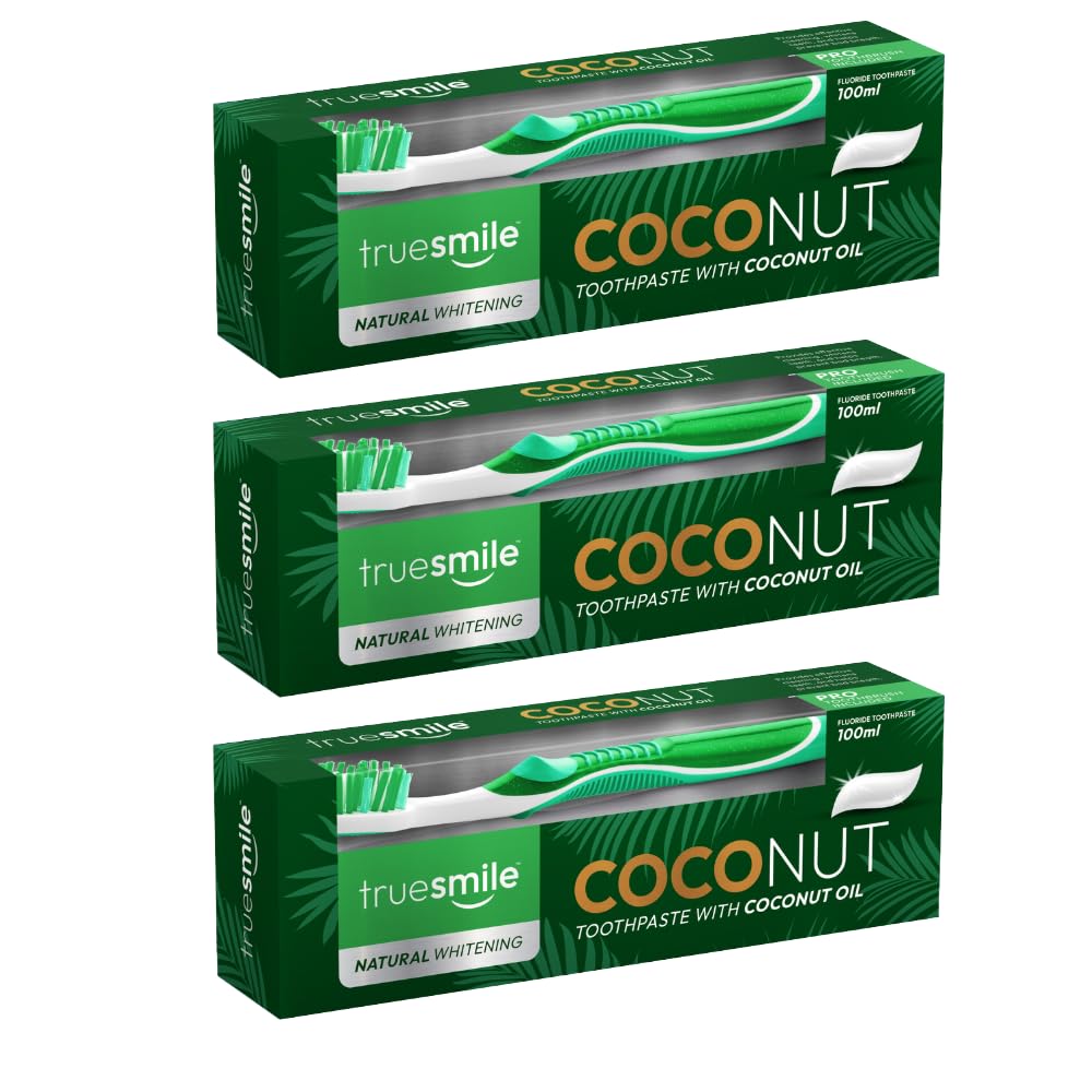 Truesmile Coconut Toothpaste with Coconut Oil and Toothbrush Set with Fluoride, 3 x 100ml Trio Set