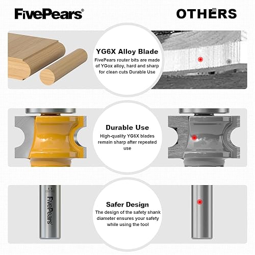 Miniatura 9 de Fivepears Juego de 5 brocas para enrutador de punta redondeada de 12 vástago, rodamientos medio redondos para carpintería, brocas de borde con punta