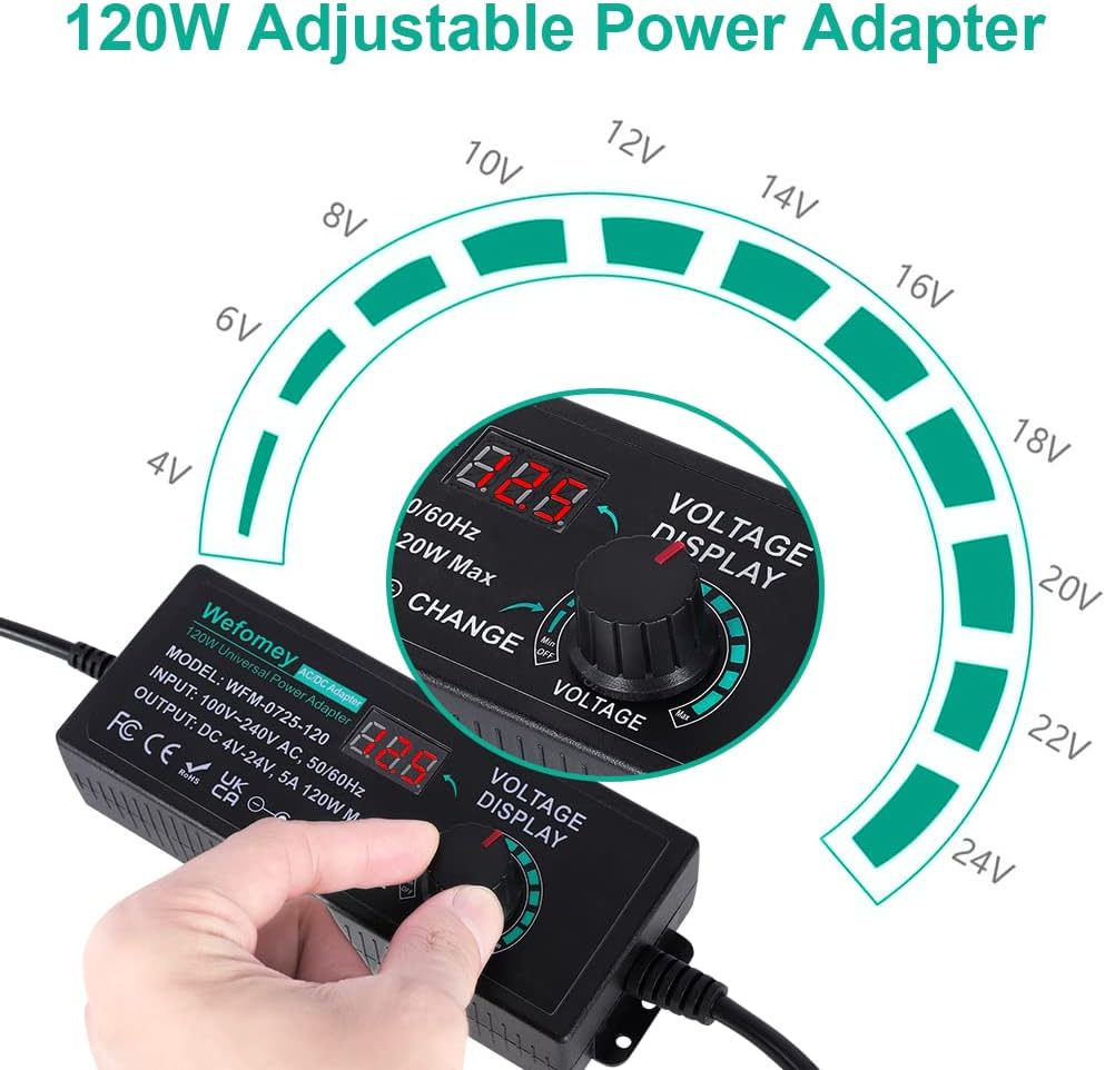 Close-up of the Wefomey power supply showing the voltage display and adjustment knob