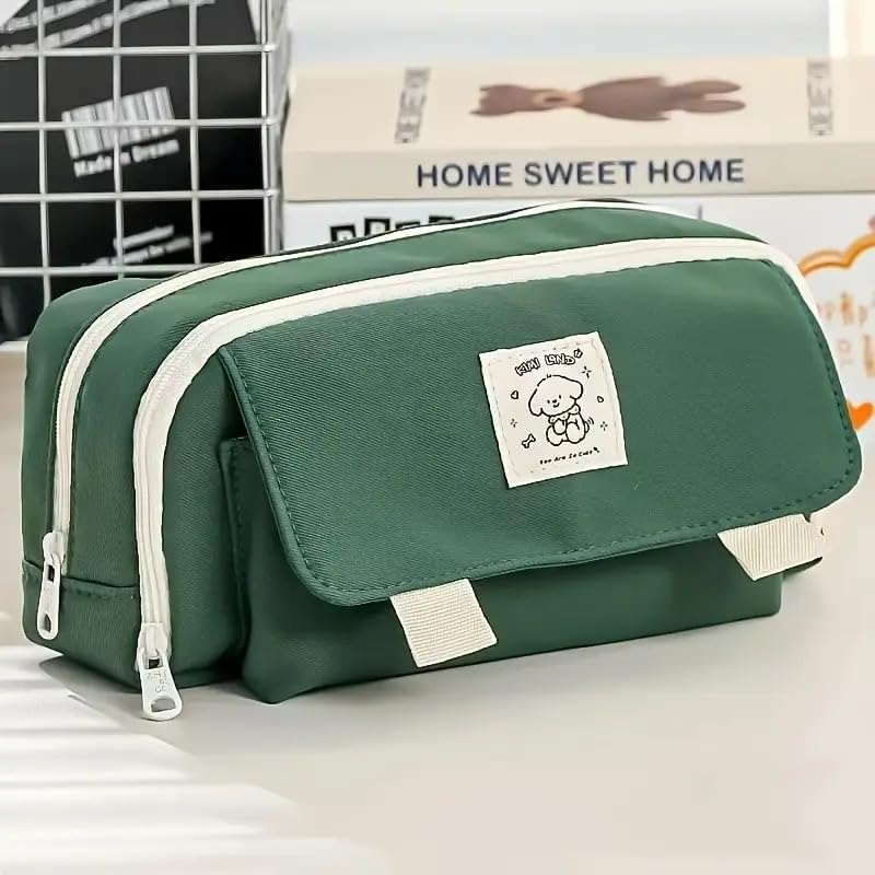 Image of Canvas School Bag Pencil Case, 3 Layer 6 Compartment Large Capacity, Aesthetic Pencil Pouch for Stationary, Cute Stationery for Kids, Pencil Case for Girls & Boys (Kimi Land Green)
