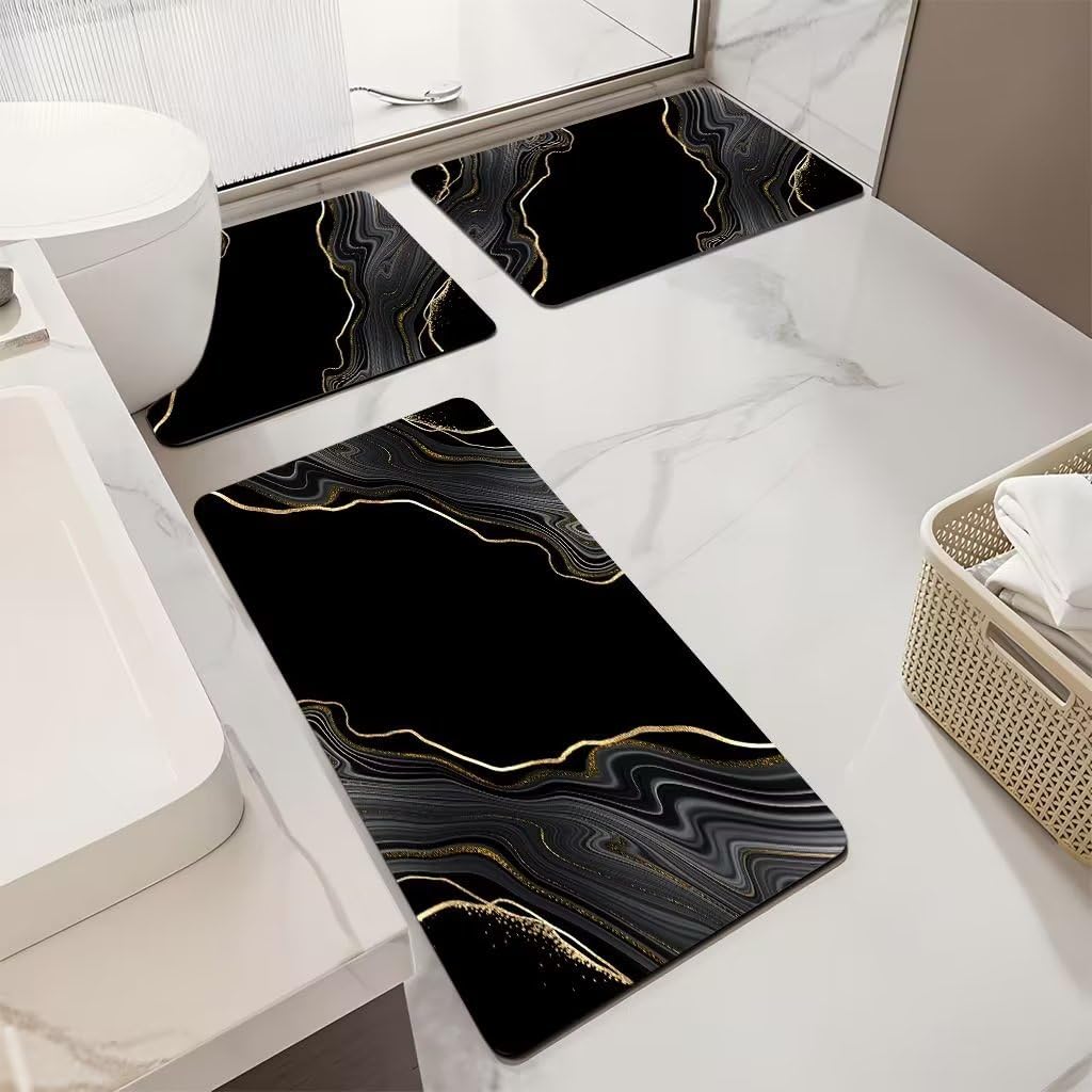 Tappeto Bagno Linee Oro Nero Tappeti Bagno 3 Pezzi Asciugatura Rapida Diatomite Facile da Pulire Doccia Antiscivolo Assorbente Set Tappeti 3 Pezzi