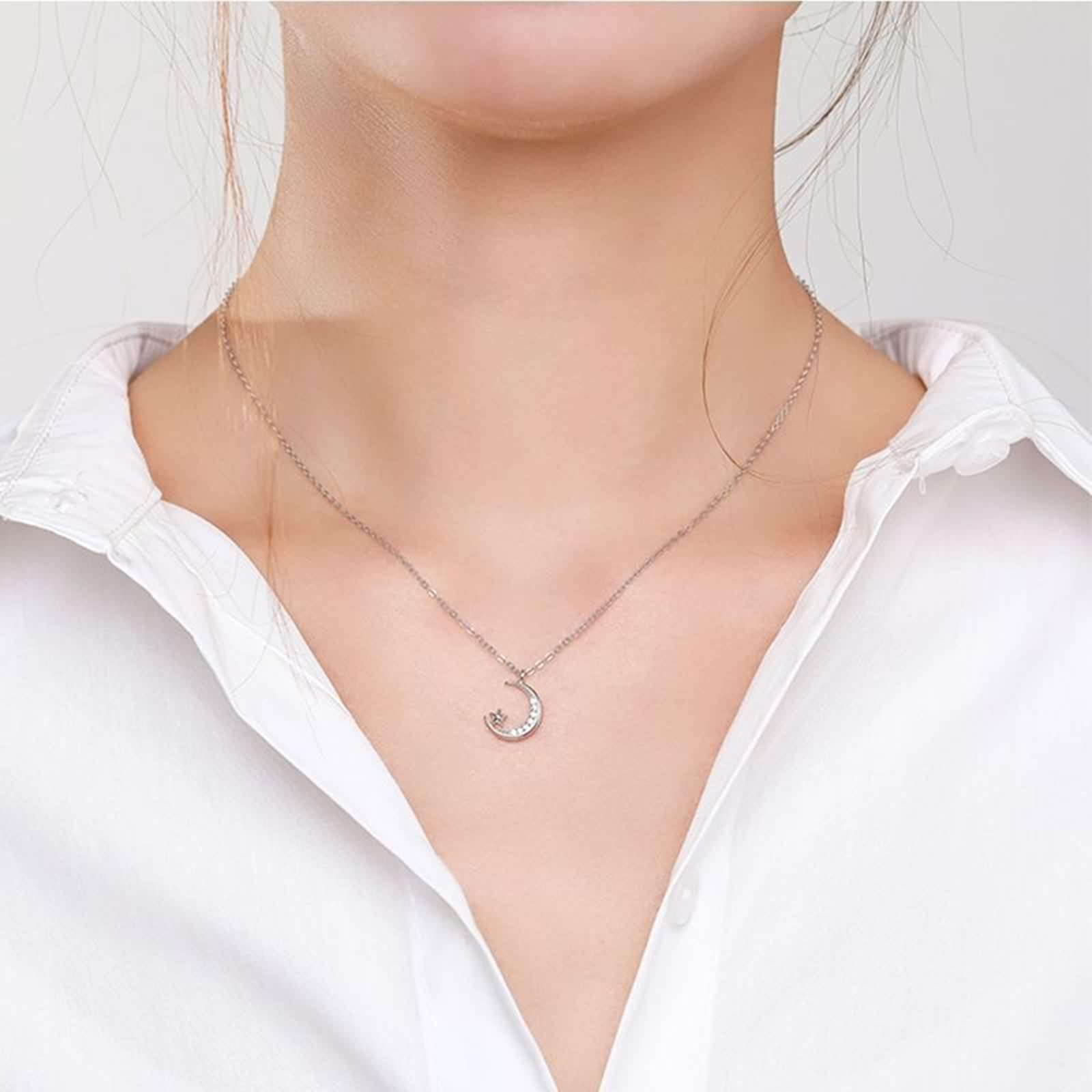 Moissanite Collana, Collana Donna Lunga Vintage Ciondolo Catenina Gioielli Oro Bianco 9K/14K/18K Stella Luna 40+5cm
