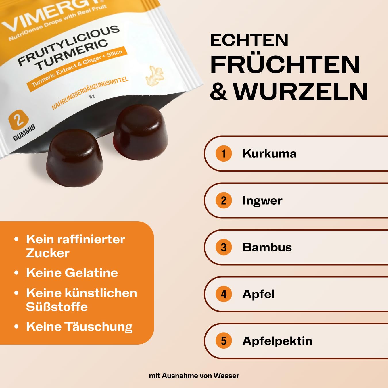 Vimergy NutriDense Fruitylicious Turmeric – Kurkuma + Ingwer Fruchtbissen (kaubar) – glutenfrei, ohne künstliche Süßstoffe, Nahrungsergänzung, 60 Stück (30 Portionen)