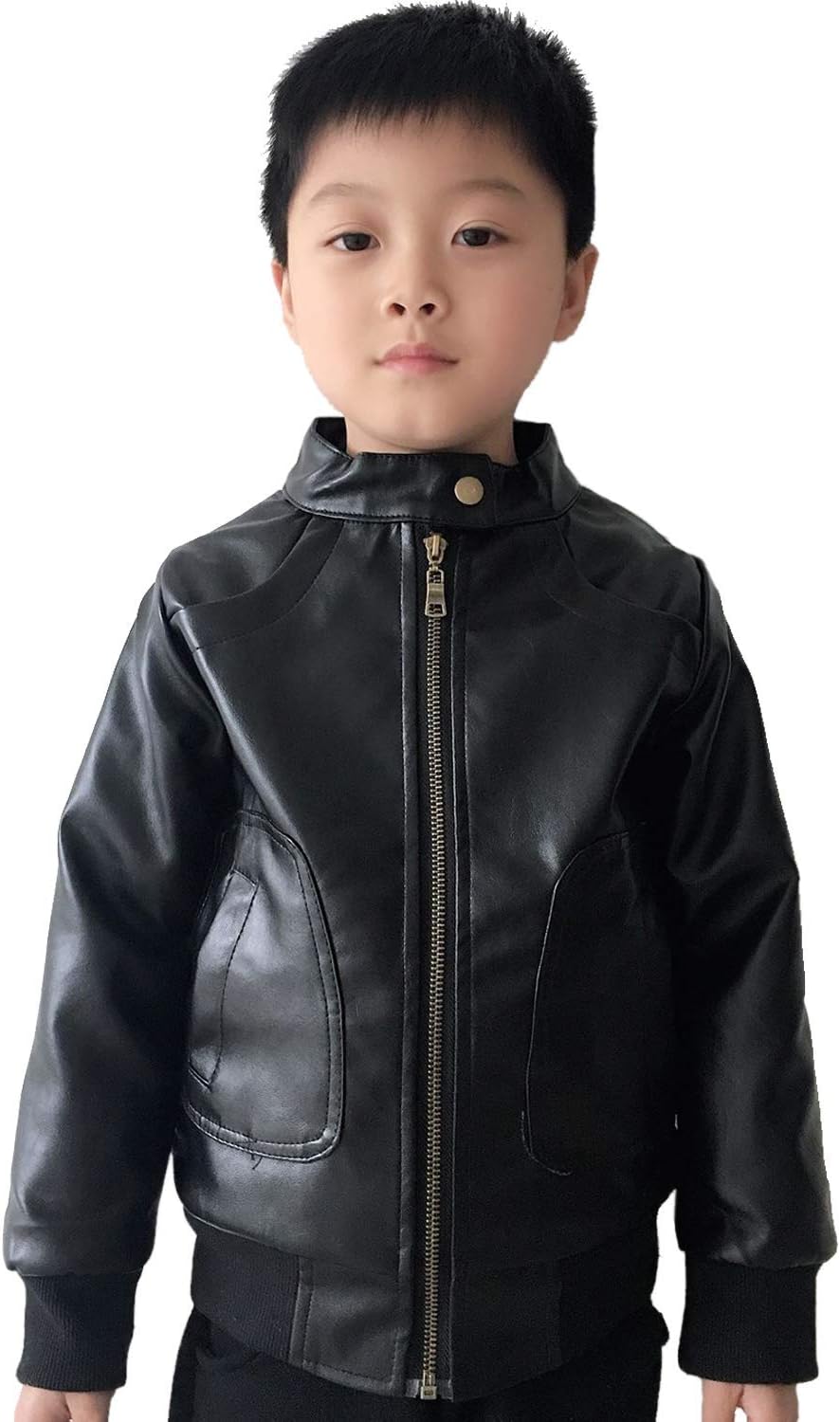 Boys Trendy Stand Collar PU Leather Moto Jacket - Winter Warm Lined Coat with Zipper Closure for Kids (Age 3-12)