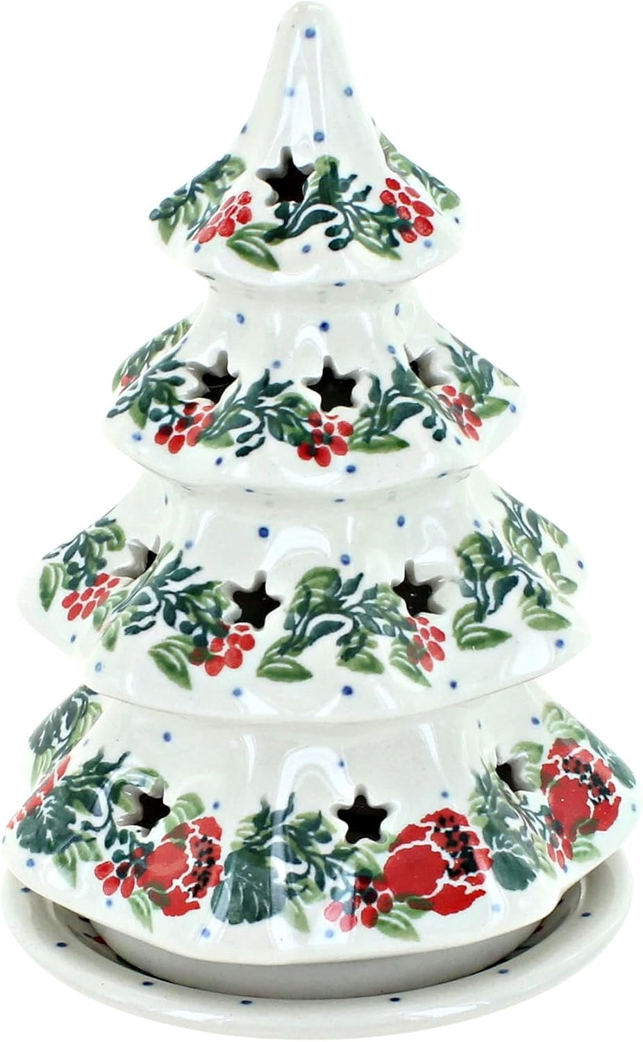 Blue Rose Polish Pottery - Blue Winter Bells Small Christmas Tree Luminary - 6" Tall - Hand-Painted Polish Pottery Holiday Candle Holder, Unique Christmas Gift & Festive Décor