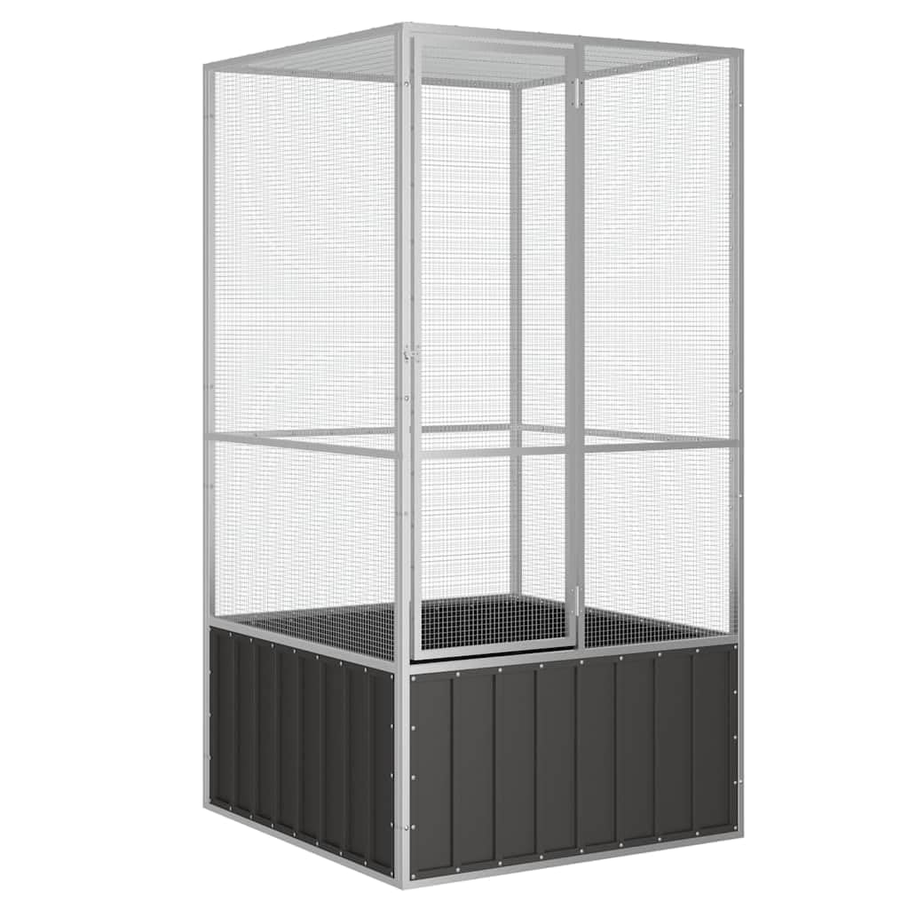Klatka dla ptaków, antracytowa, z ocynkowanej stali, 111 x 107 x 211,5 cm, z drzwiami, drążkiem do siedzenia, miską na karmę i picie, mobilna z kółkami, idealna na balkon, do salonu i