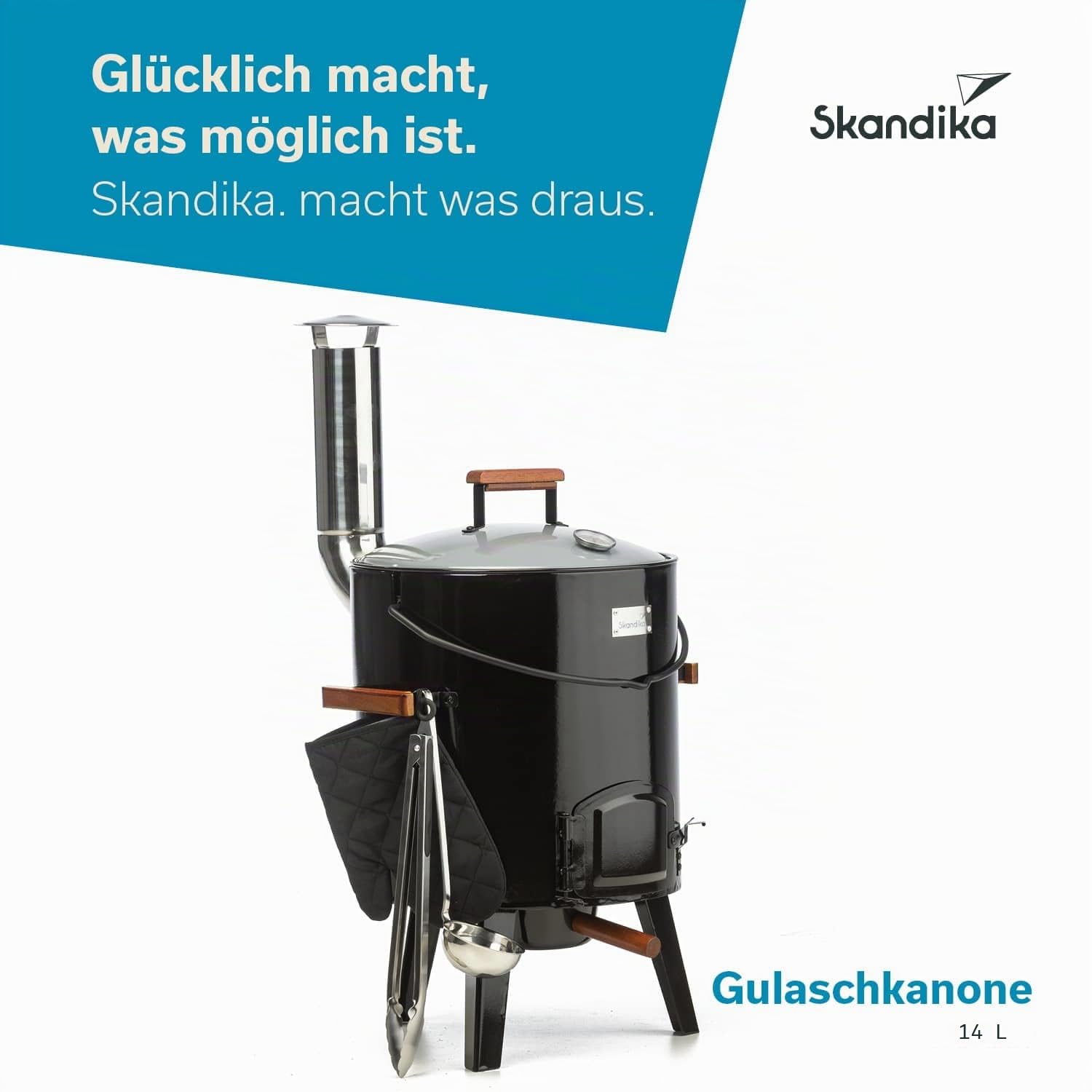 Skandika Olla/Horno Húngaro para 14 litros, termómetro en la tapa, accesorios, cucharón sopa, guante horno, pinzas y parrilla para barbacoa, asas de madera, tubo de chimenea variable