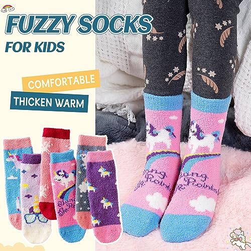 Image of Eyean Kids Fuzzy Socks Non Slip Soft Fluffy Slipper Grips Socks Warm Plush Cozy Cabin Boy Girls Crew Socks 6 Pairs