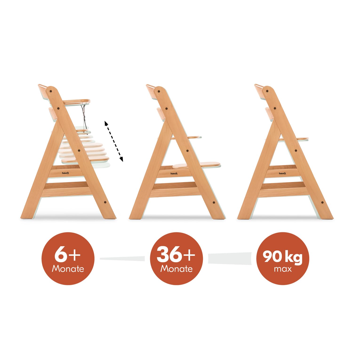 Hauck Alpha+ Holz Hochstuhl Baby mitwachsend 6 Monate bis 90 kg, Natural, 5-Punkt-Gurt, 8-fach verstellbar