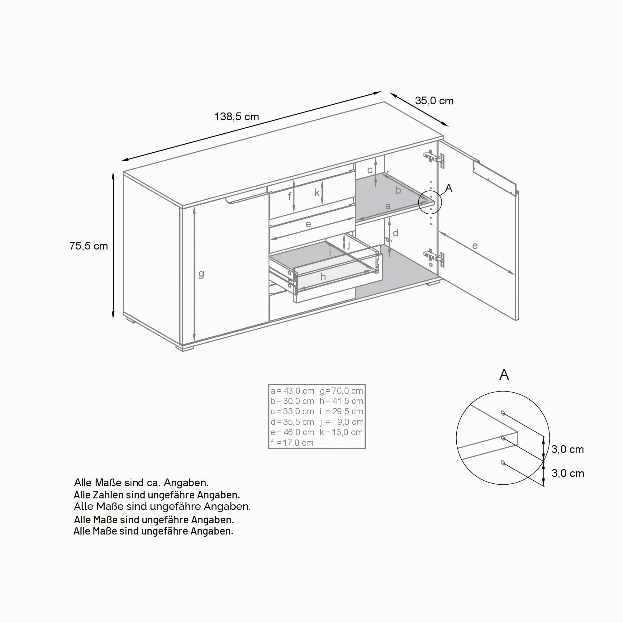Vladon Sideboard Sylt V1, Kommode mit 2 Türen und 4 Schubladen, Korpus - Anthrazit matt/Front - Eiche sägerau/Absetzung - Schwarz Hochglanz (138,5 x 75,5 x 35 cm)