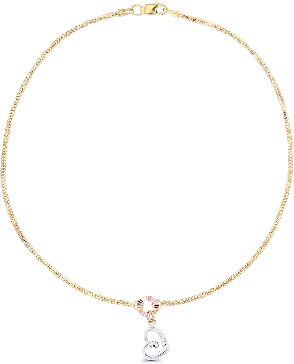 DECADENCE 14K Tri-Color Gold Diamond Cut Heart Dangle Charm 10" Anklet