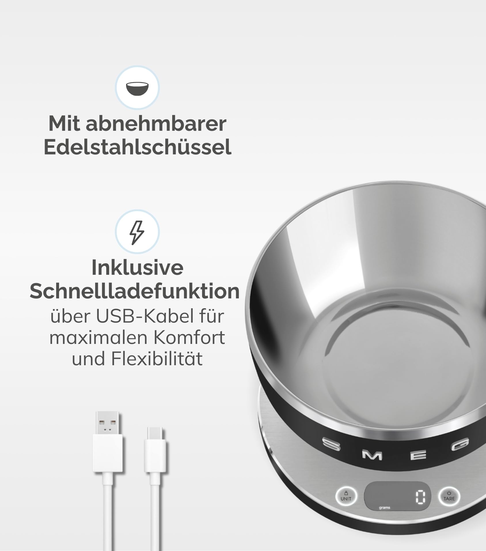 Smeg, Digitale Küchenwaage KSC01BLMWW, abnehmbare Edelstahlschüssel, vier Messeinheiten g/ml und lb.oz/fl.oz, mit Tara-Funktion, Maximale Kapazität 5kg, Schwarz