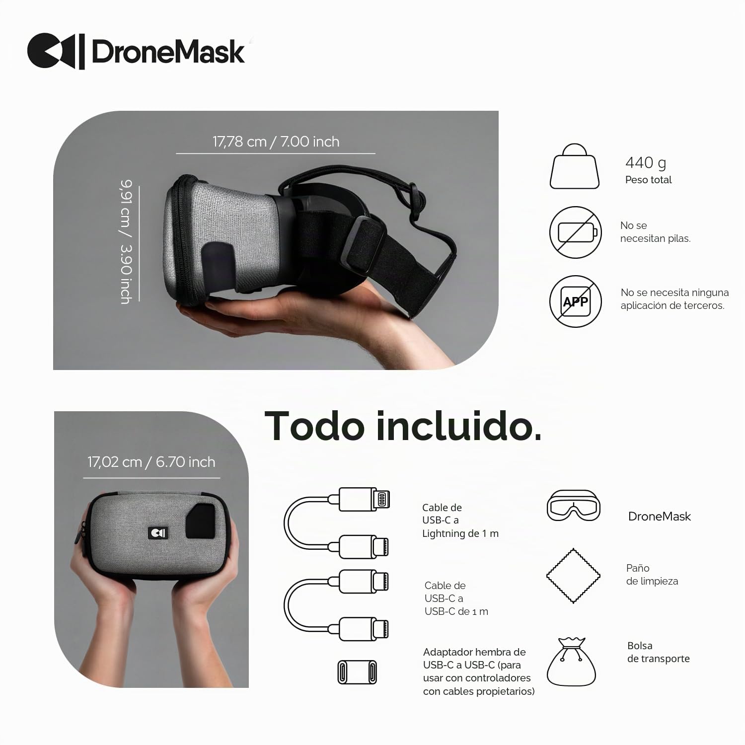 DroneMask 2 VR - Gafas de Realidad Virtual para Drones - Compatible con dji, Skydio, Autel y más - Negro - iOS y Android