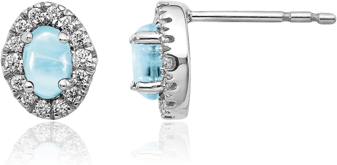 IceCarats 14K Solid White Gold 0.70 carat Blue Aquamarine Diamond Large Stud Earrings 8mm 0.3 inch Oval Cut, Natural, Prong Set, Friction Back For Her
