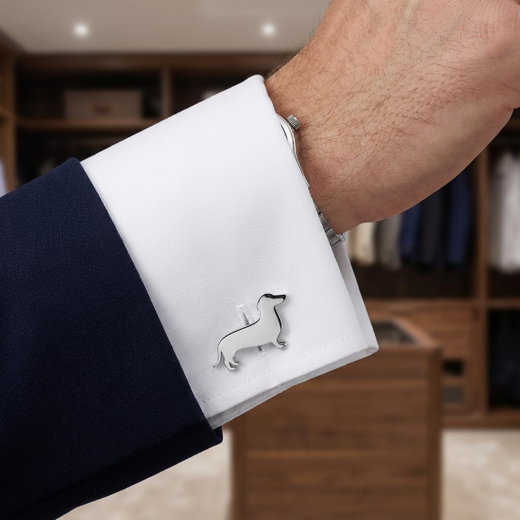 Men’s Dachshund Cufflinks – Stainless Steel Dog-Themed Cuff Links with Gift Box & Polishing Cloth – Available in Silver & Gold